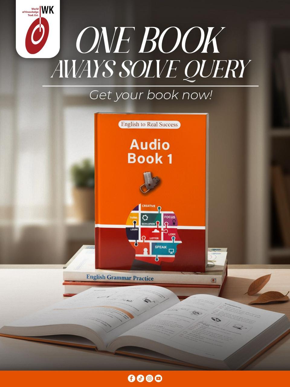 Audio Book 1 English learning book displayed on a desk with open grammar book, promoting language skills including listening, speaking, focus and comprehension